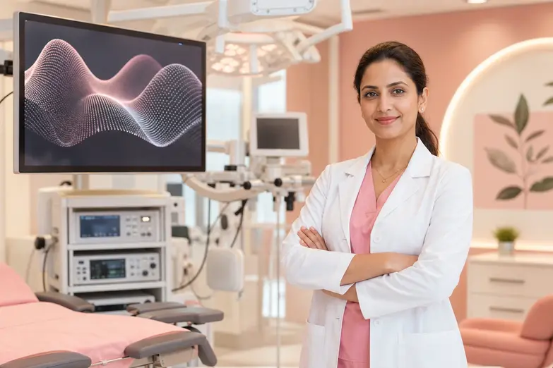 Femme Nest doctor standing beside advanced laparoscopy equipment in a coral-toned operating suite