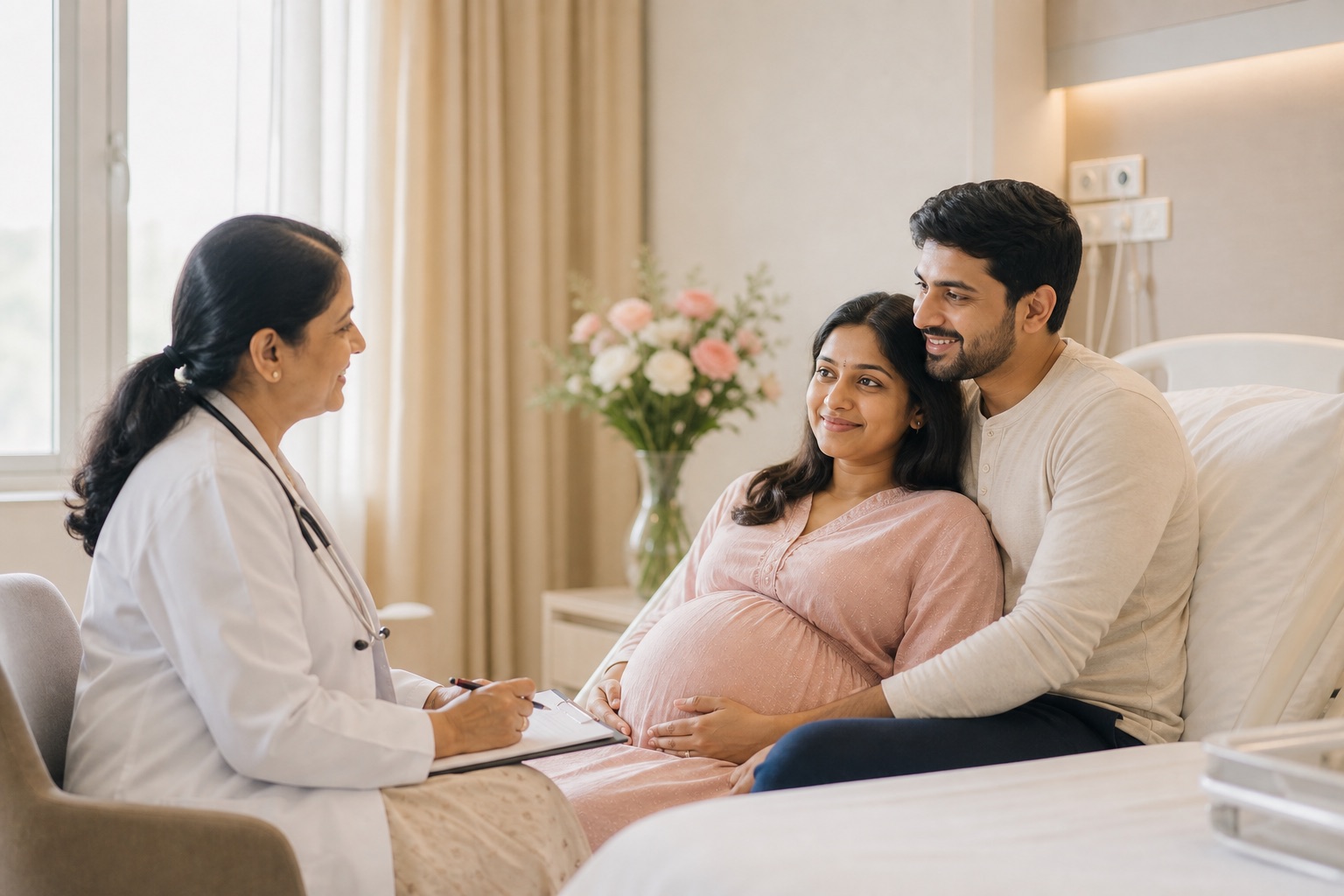 Indian couple speaking with a maternity specialist in a premium hospital room in Delhi