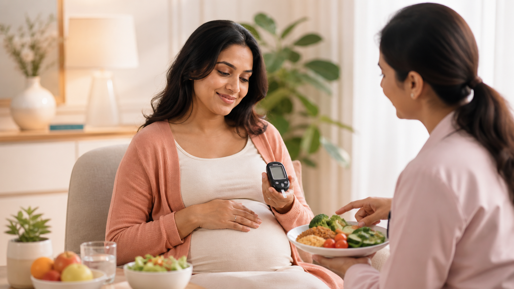 Pregnant woman reviewing glucose readings for gestational diabetes care