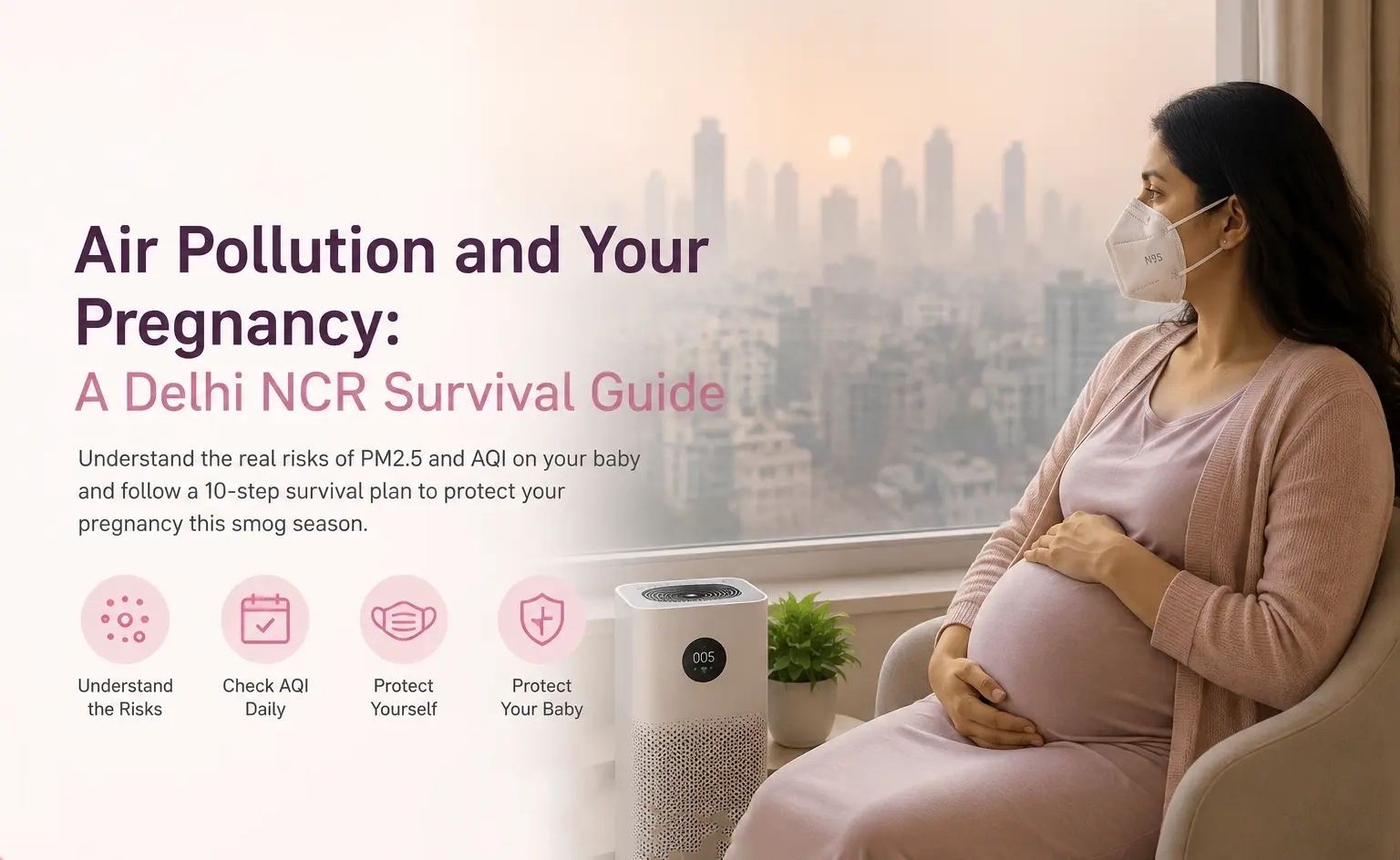 Delhi NCR skyline in smog, illustrating air pollution and pregnancy concerns for expecting mothers