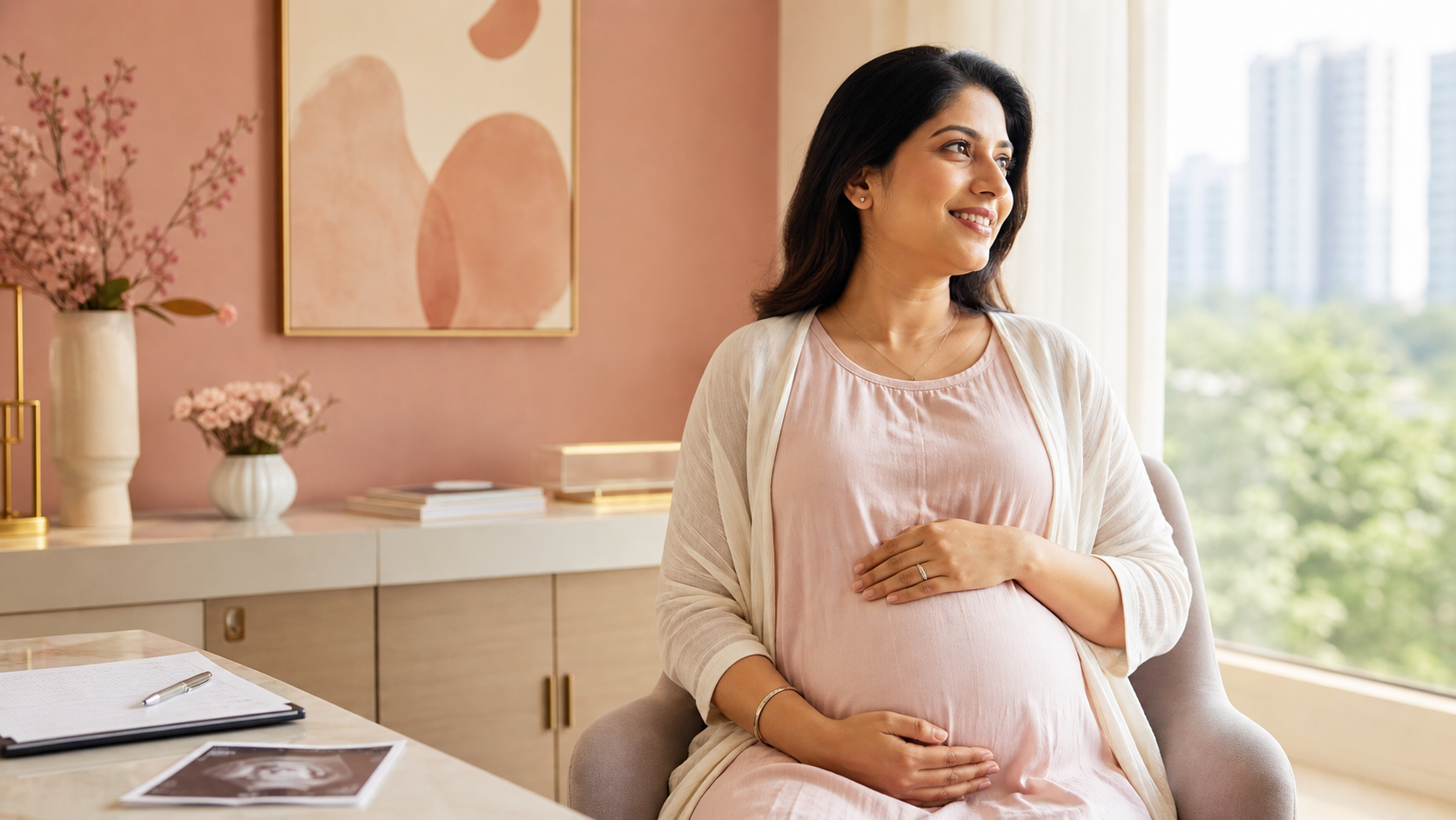 Pregnant woman over 35 standing confidently near a window, representing advanced maternal age care